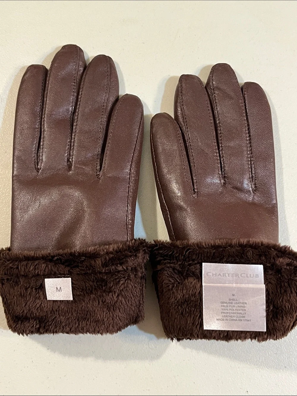 Charter Club Chocolate Brown Leather Gloves with Fur Cuff
